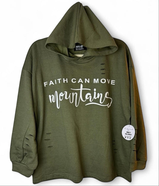 "Faith Can Move Mountains" Olive Distressed Hoodie