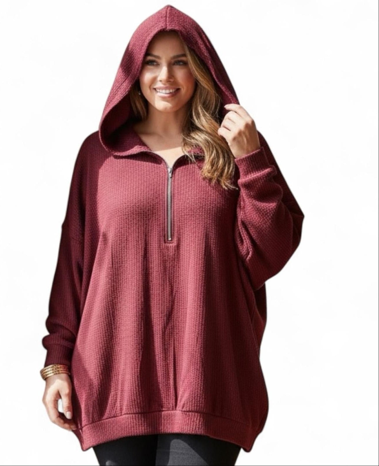 Oversized Burgundy 1/4 Zip Textured Pullover