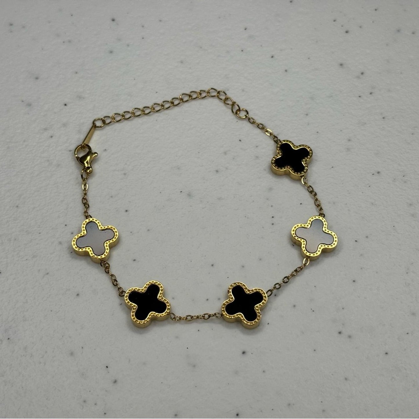 Gold Stainless Steel Reversible Clover Bracelet - Black or White